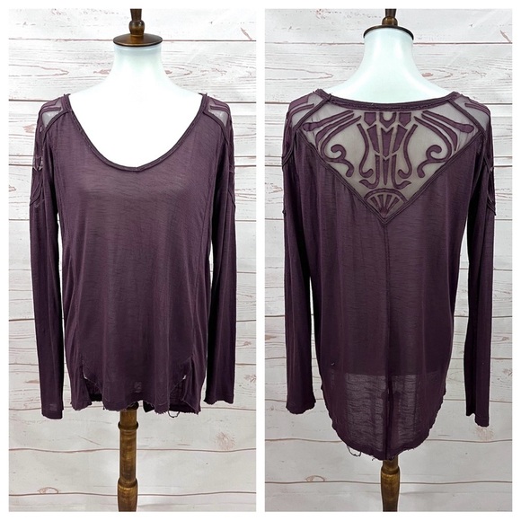 Free People The Gatsby Embroidered Mesh Wine Long Sleeve V-Neck Tee Tunic Top - Picture 1 of 14